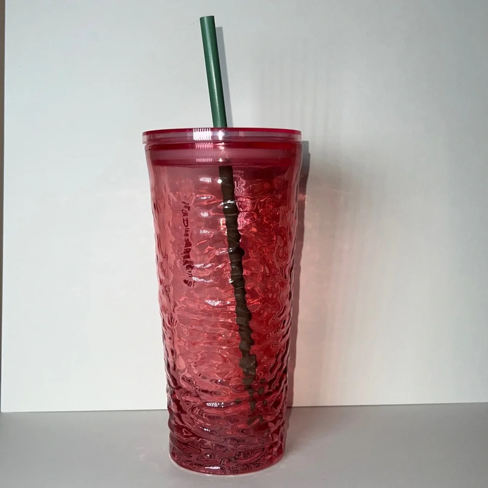 NWT Starbucks Fall 2022 Hammered Begonia Pink Glass Cold Cup Tumbler 18oz